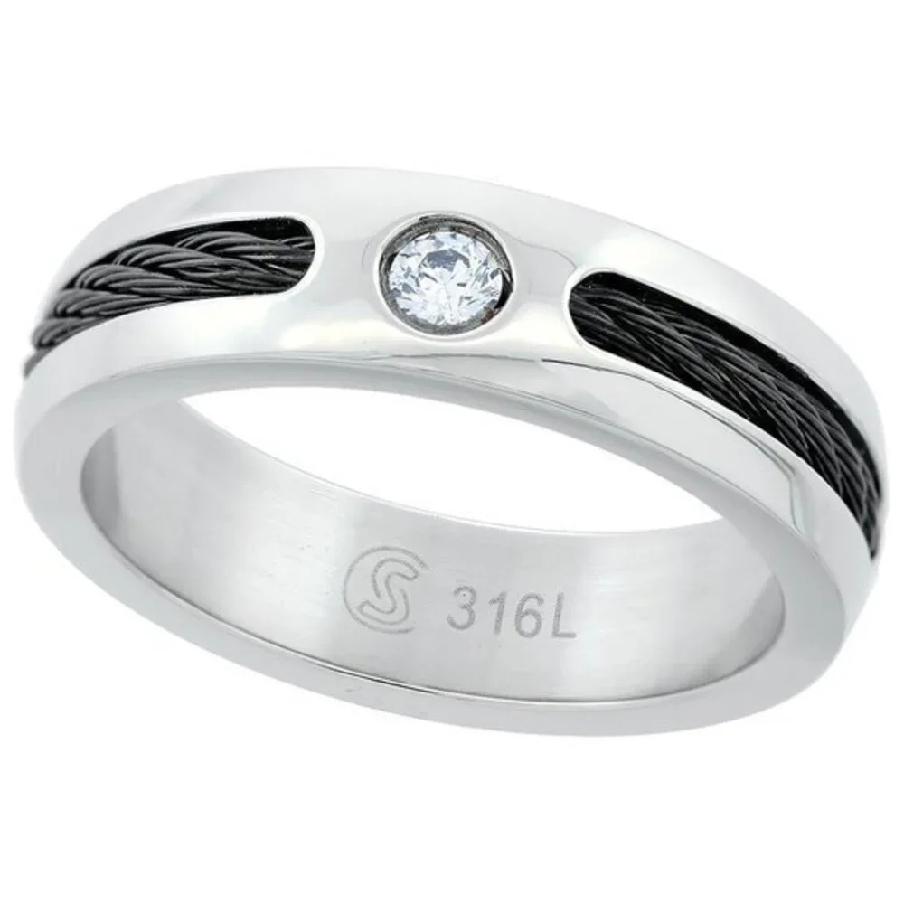 6mm Surgical Stainless Steel CZ Wedding Band Ring Domed Black Cable Inlay Polish